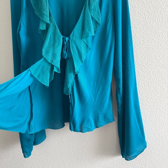 Rainbow Jo Blue Open Front Rayon Silk Bell Sleeve Blouse Ruffle Collar Boho - Picture 6 of 10